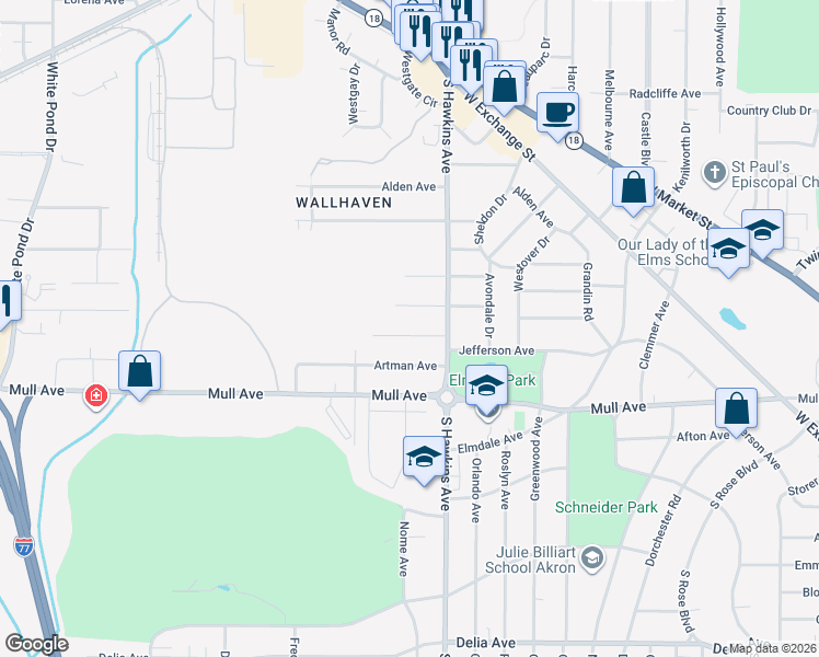 map of restaurants, bars, coffee shops, grocery stores, and more near 1546 Marlowe Avenue in Akron