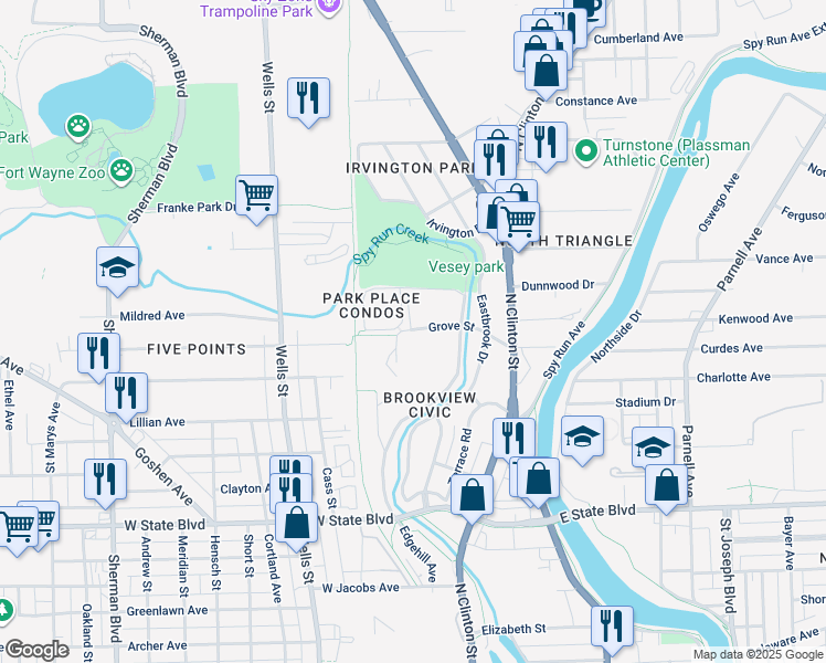 map of restaurants, bars, coffee shops, grocery stores, and more near 2800 Westbrook Drive in Fort Wayne
