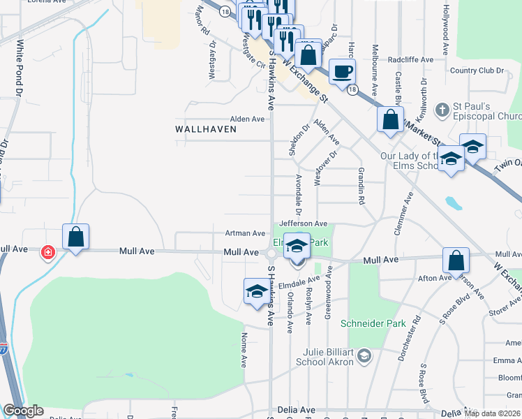 map of restaurants, bars, coffee shops, grocery stores, and more near 1505 Marlowe Avenue in Akron