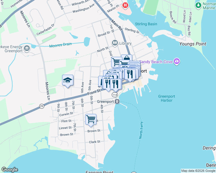 map of restaurants, bars, coffee shops, grocery stores, and more near 310 Front Street in Greenport