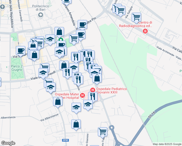 map of restaurants, bars, coffee shops, grocery stores, and more near 199 Via Giovanni Amendola in Bari