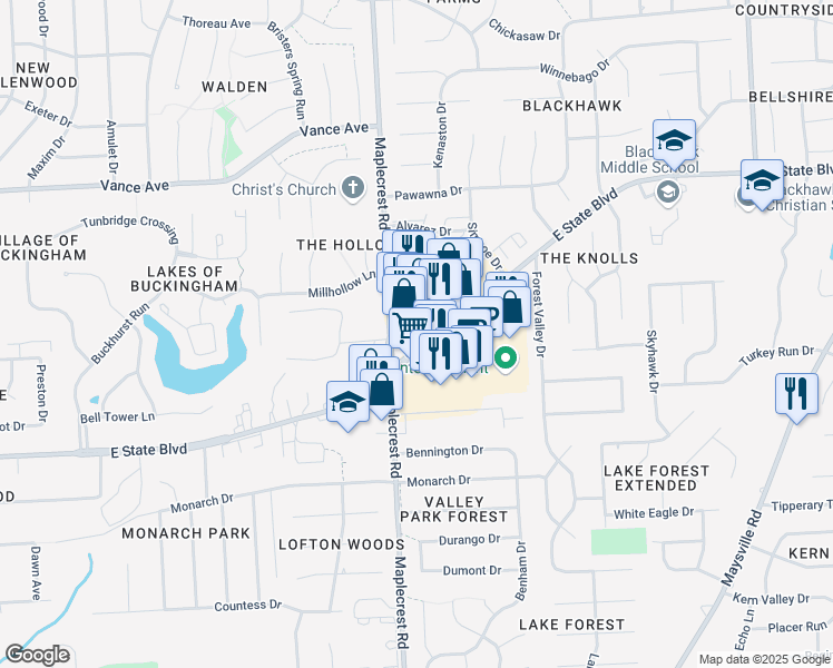 map of restaurants, bars, coffee shops, grocery stores, and more near 6411 East State Boulevard in Fort Wayne