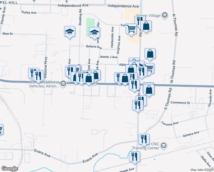 map of restaurants, bars, coffee shops, grocery stores, and more near 1216 East Tallmadge Avenue in Akron