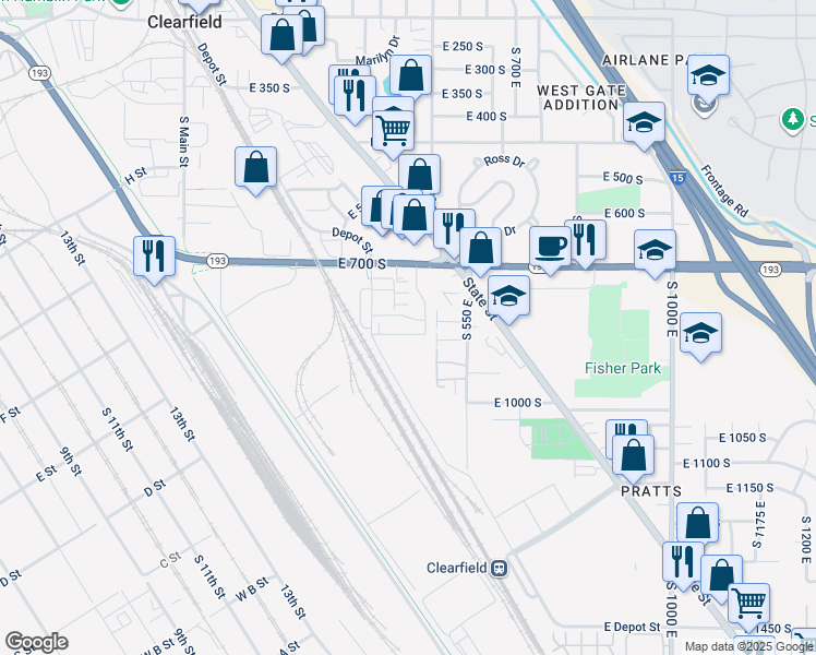 map of restaurants, bars, coffee shops, grocery stores, and more near 490 East 700 South in Clearfield