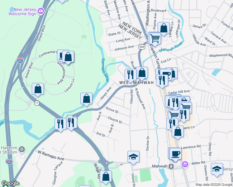 map of restaurants, bars, coffee shops, grocery stores, and more near 120 Wilmuth Street in Mahwah