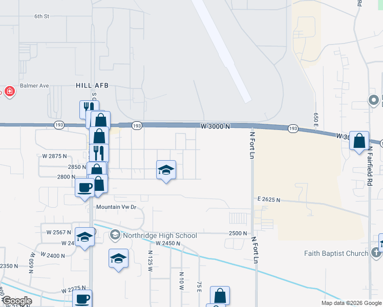 map of restaurants, bars, coffee shops, grocery stores, and more near 328 Harriger Way in Layton