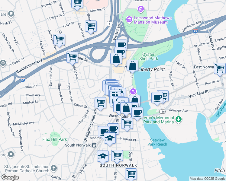 map of restaurants, bars, coffee shops, grocery stores, and more near 81 North Main Street in Norwalk
