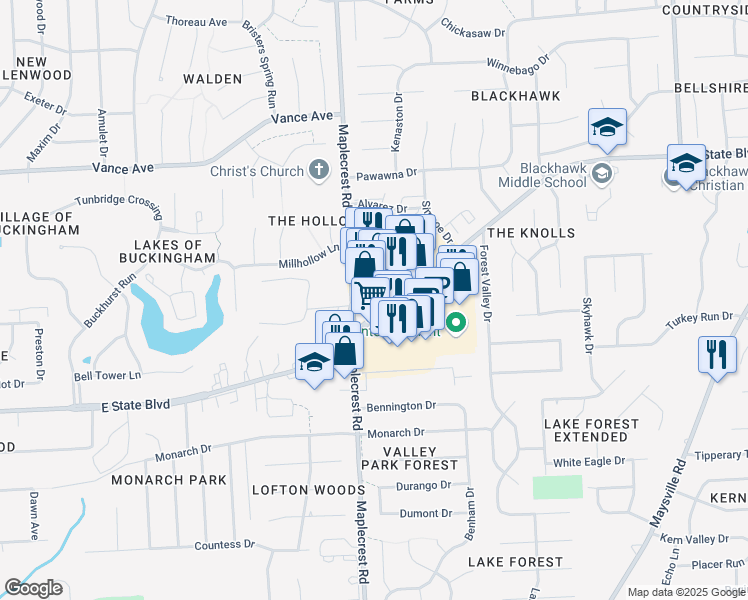 map of restaurants, bars, coffee shops, grocery stores, and more near 6411 East State Boulevard in Fort Wayne