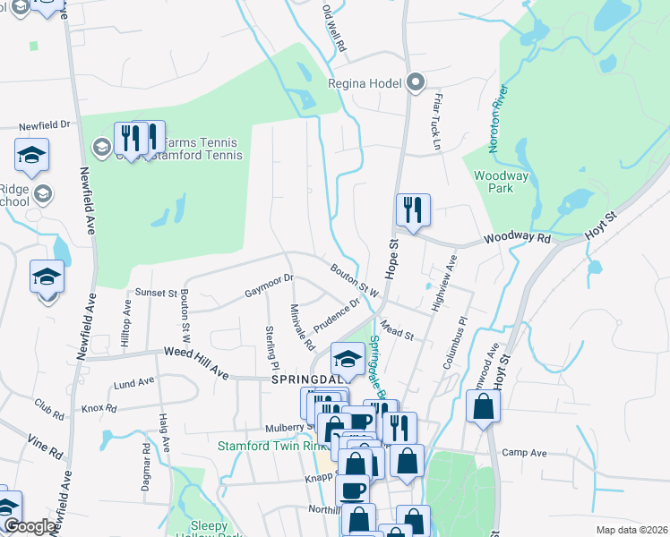 map of restaurants, bars, coffee shops, grocery stores, and more near 60 Bouton Street West in Stamford