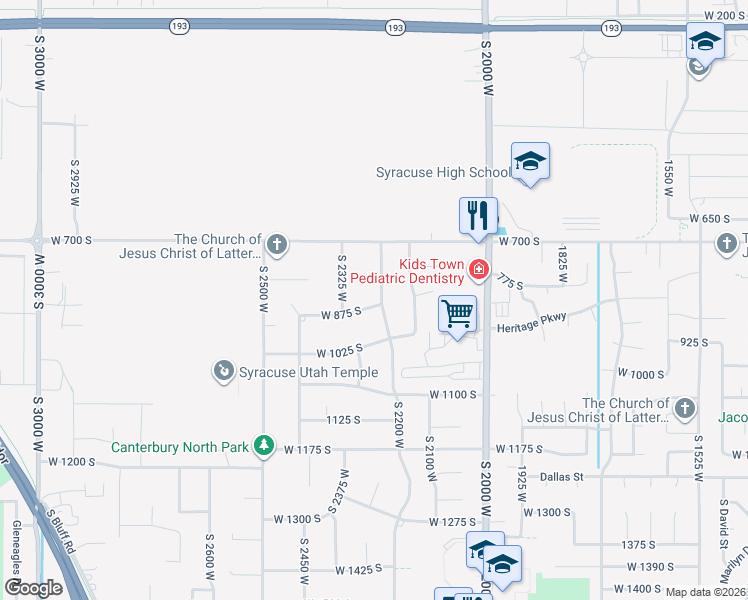 map of restaurants, bars, coffee shops, grocery stores, and more near 14 West 875 South in Syracuse