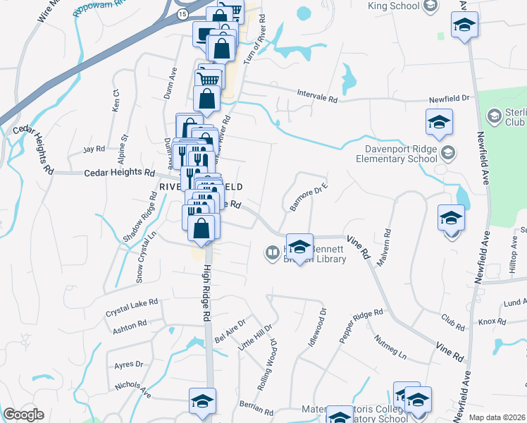 map of restaurants, bars, coffee shops, grocery stores, and more near 69 Vine Road in Stamford