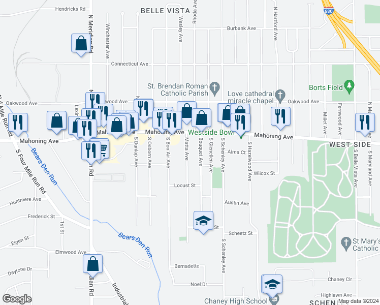 map of restaurants, bars, coffee shops, grocery stores, and more near 45 Matta Avenue in Youngstown