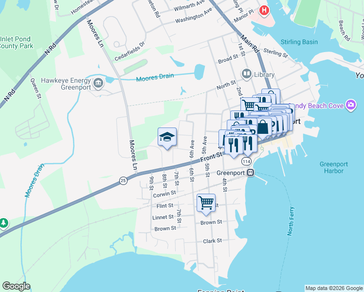 map of restaurants, bars, coffee shops, grocery stores, and more near 214 Oak Street in Greenport