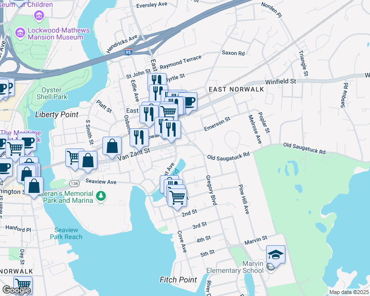 map of restaurants, bars, coffee shops, grocery stores, and more near 7 Fenwick Place in Norwalk