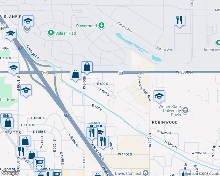 map of restaurants, bars, coffee shops, grocery stores, and more near 850 South 1650 East in Clearfield