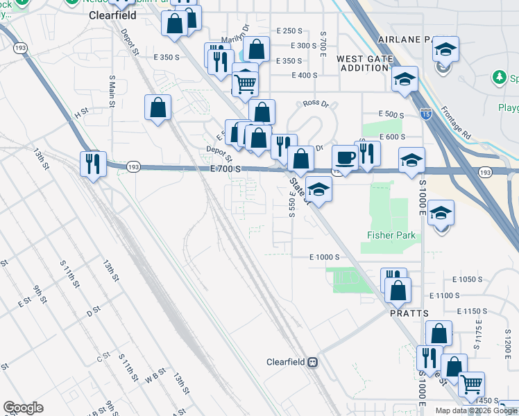 map of restaurants, bars, coffee shops, grocery stores, and more near 490 East 700 South in Clearfield