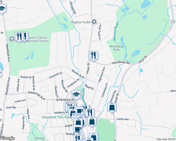 map of restaurants, bars, coffee shops, grocery stores, and more near 1285 Hope Street in Stamford