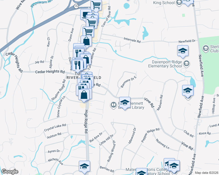 map of restaurants, bars, coffee shops, grocery stores, and more near 69 Vine Road in Stamford