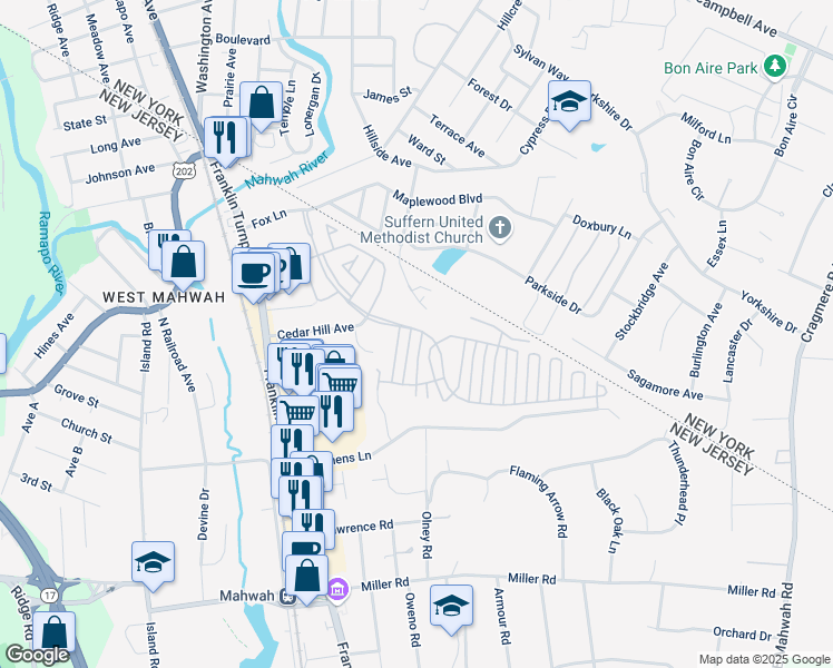 map of restaurants, bars, coffee shops, grocery stores, and more near 2032 Charles Court in Mahwah