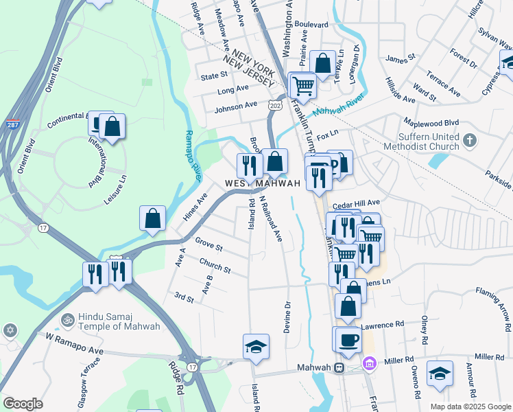 map of restaurants, bars, coffee shops, grocery stores, and more near 16 Island Road in Mahwah