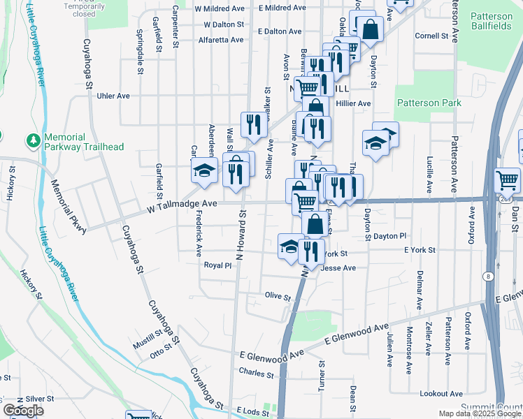 map of restaurants, bars, coffee shops, grocery stores, and more near 590 Schiller Avenue in Akron
