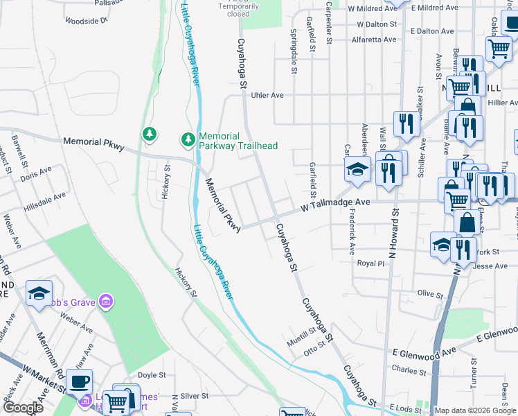 map of restaurants, bars, coffee shops, grocery stores, and more near 229 Memorial Parkway in Akron