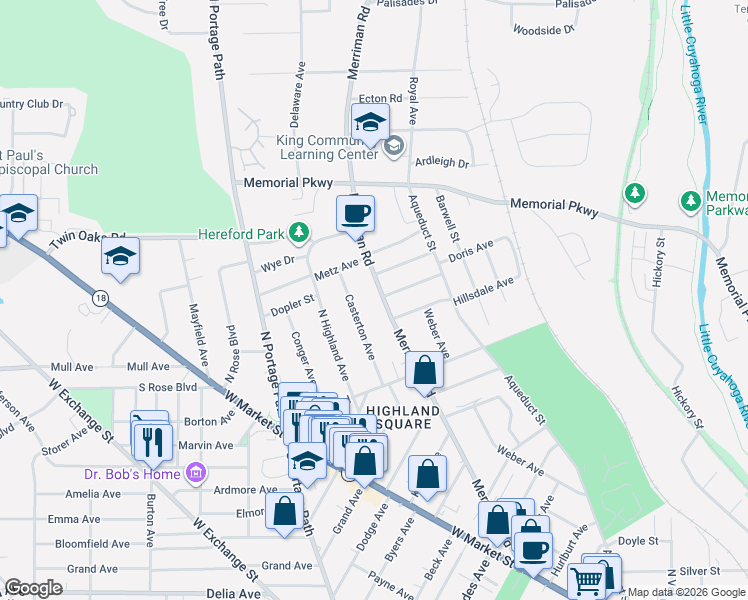 map of restaurants, bars, coffee shops, grocery stores, and more near 344 Merriman Road in Akron