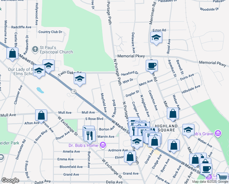 map of restaurants, bars, coffee shops, grocery stores, and more near 99 North Rose Boulevard in Akron