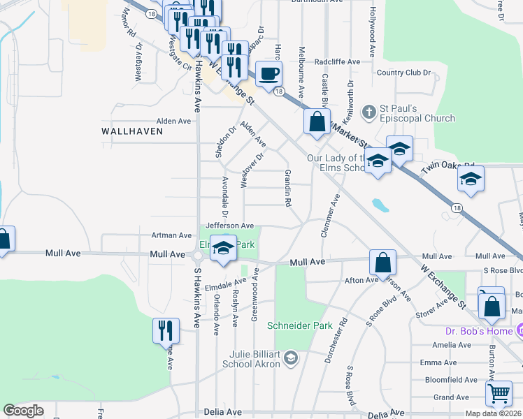 map of restaurants, bars, coffee shops, grocery stores, and more near 1521 Jefferson Avenue in Akron