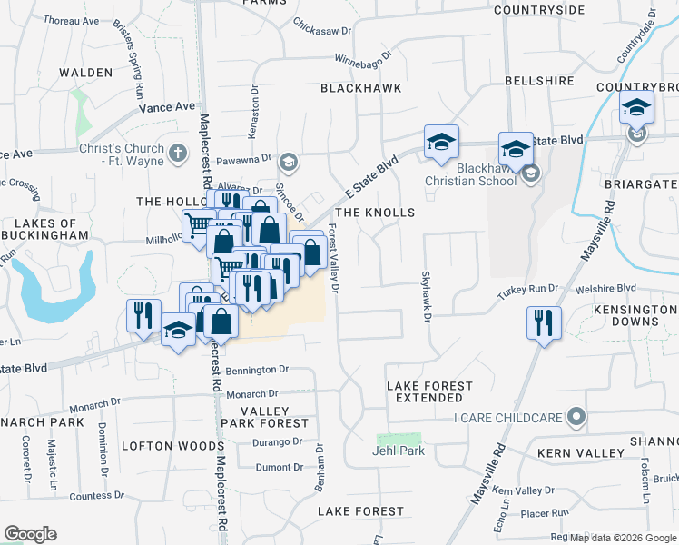 map of restaurants, bars, coffee shops, grocery stores, and more near 2411 Forest Valley Drive in Fort Wayne