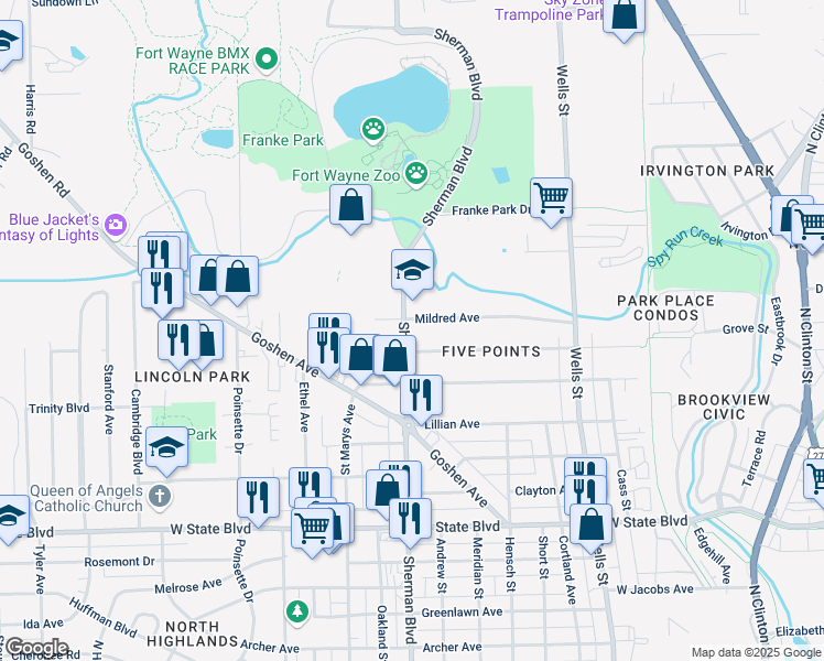 map of restaurants, bars, coffee shops, grocery stores, and more near 820 Elmer Avenue in Fort Wayne
