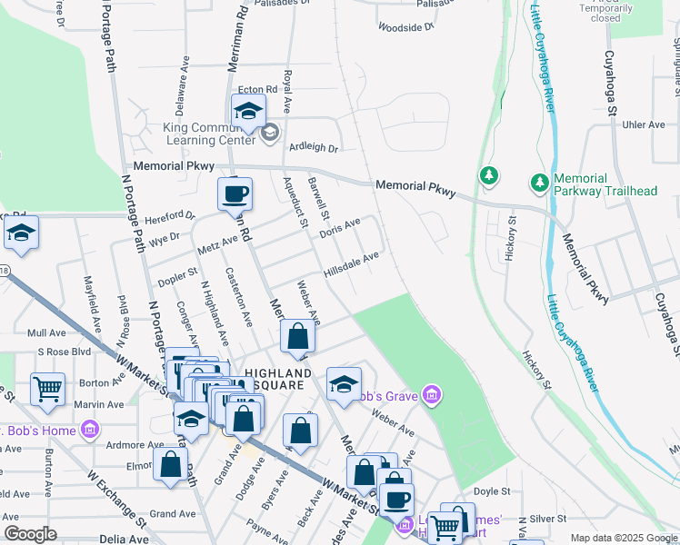 map of restaurants, bars, coffee shops, grocery stores, and more near 424 Barwell Street in Akron