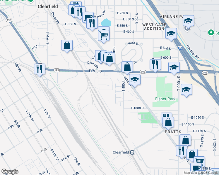 map of restaurants, bars, coffee shops, grocery stores, and more near 490 East 700 South in Clearfield