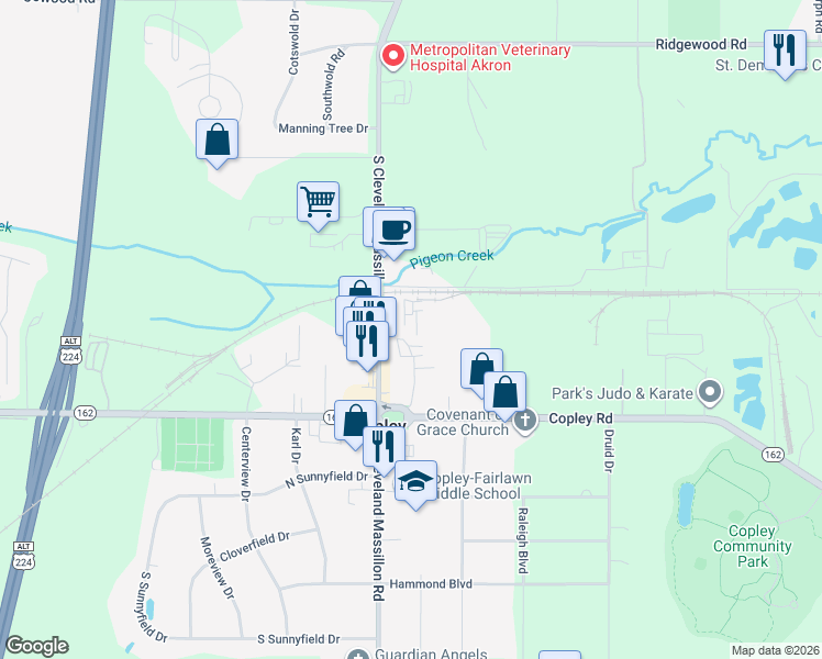 map of restaurants, bars, coffee shops, grocery stores, and more near 1341 South Cleveland Massillon Road in Akron