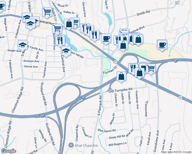 map of restaurants, bars, coffee shops, grocery stores, and more near 712 Tudor Hill in Nanuet