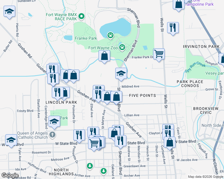 map of restaurants, bars, coffee shops, grocery stores, and more near 923 Mildred Avenue in Fort Wayne