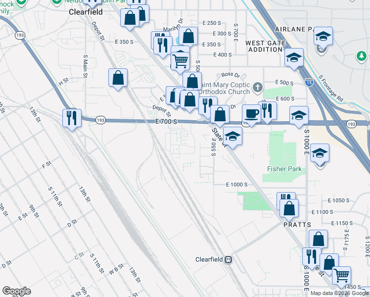 map of restaurants, bars, coffee shops, grocery stores, and more near 490 East 700 South in Clearfield