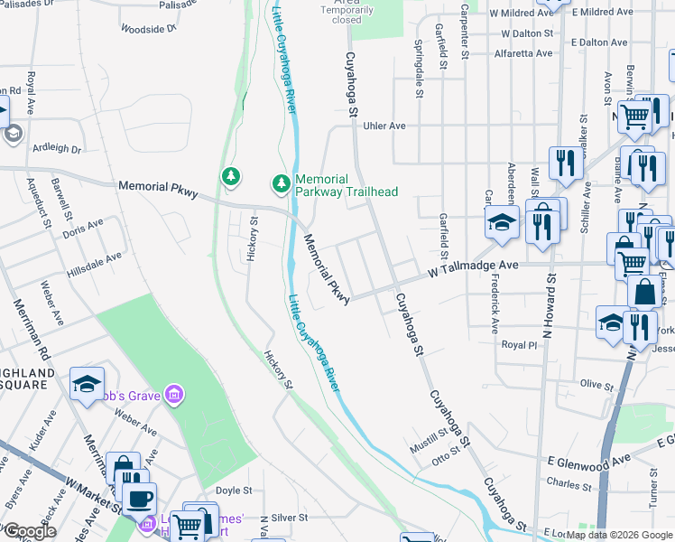 map of restaurants, bars, coffee shops, grocery stores, and more near 425 Evers Avenue in Akron