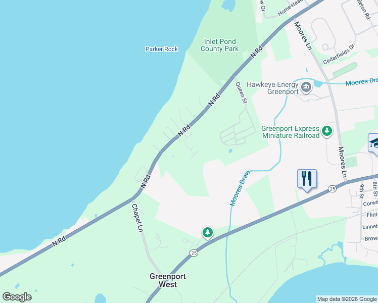 map of restaurants, bars, coffee shops, grocery stores, and more near 62600 North Road in Greenport