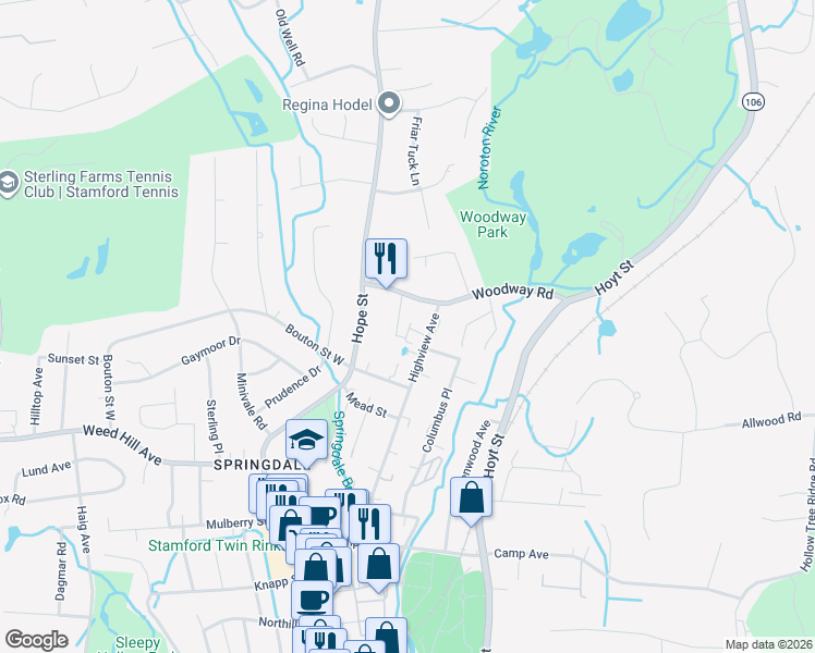 map of restaurants, bars, coffee shops, grocery stores, and more near 16 Bouton Street West in Stamford
