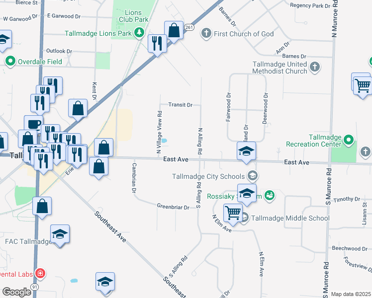 map of restaurants, bars, coffee shops, grocery stores, and more near 323 East Avenue in Tallmadge