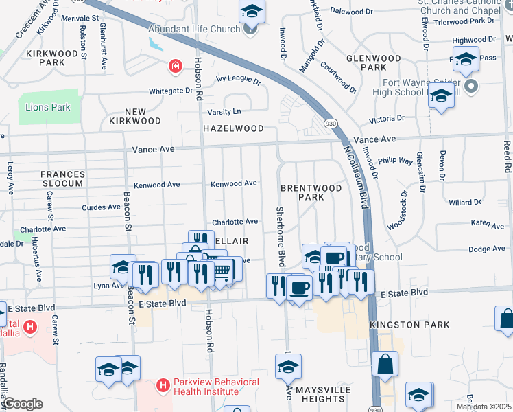 map of restaurants, bars, coffee shops, grocery stores, and more near 2714 Barnhart Ave in Fort Wayne