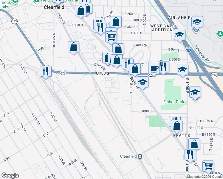 map of restaurants, bars, coffee shops, grocery stores, and more near 490 East 700 South in Clearfield