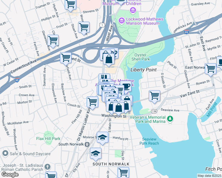 map of restaurants, bars, coffee shops, grocery stores, and more near 81 North Main Street in Norwalk