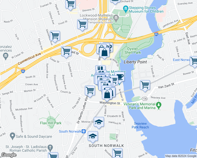 map of restaurants, bars, coffee shops, grocery stores, and more near 22 Doctor Martin Luther King Junior Drive in Norwalk