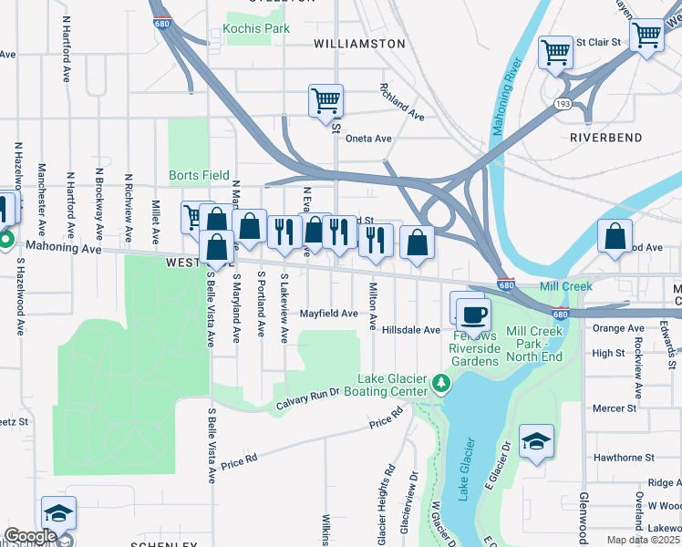 map of restaurants, bars, coffee shops, grocery stores, and more near 15 Hampton Court in Youngstown