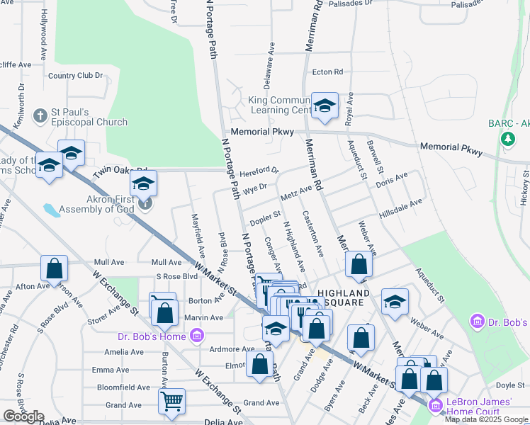 map of restaurants, bars, coffee shops, grocery stores, and more near 204 North Highland Avenue in Akron