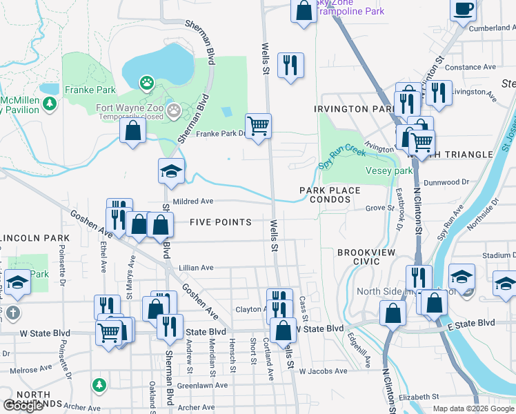 map of restaurants, bars, coffee shops, grocery stores, and more near 2801 North Wells Street in Fort Wayne