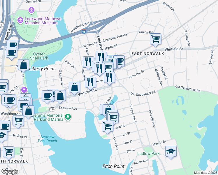 map of restaurants, bars, coffee shops, grocery stores, and more near 256 East Avenue in Norwalk