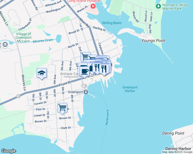 map of restaurants, bars, coffee shops, grocery stores, and more near 101 Front Street in Greenport